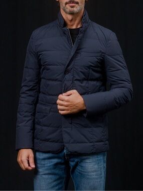 Herno Navy Quilted Button-Front Gortex Puffer Jacket